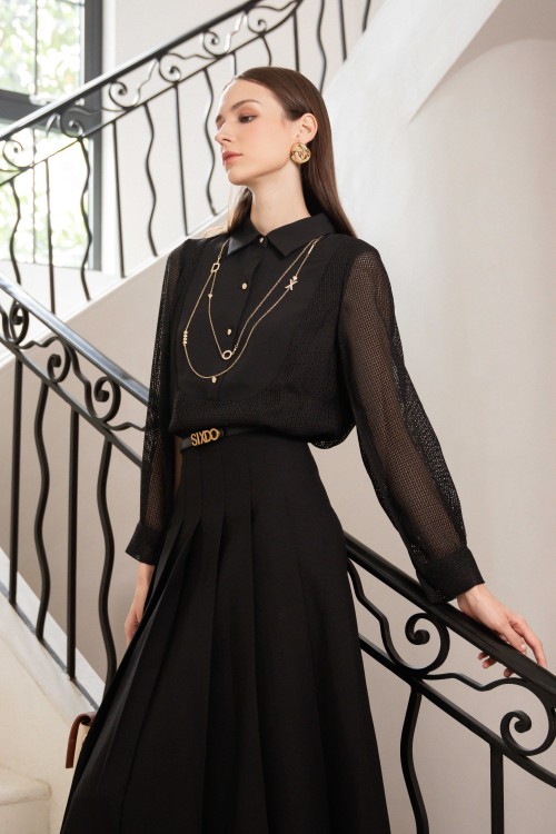 Sixdo Black Long Sleeves Lace Shirt